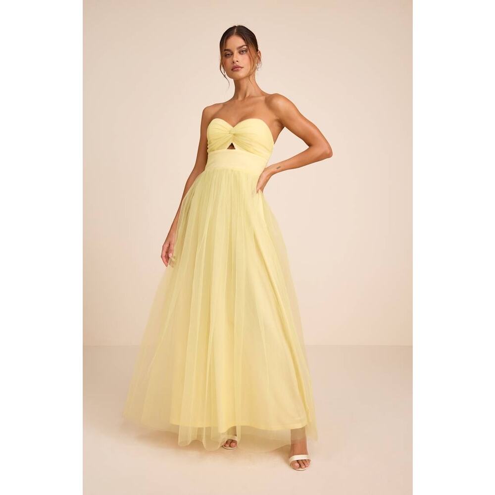 NWT Lulus Sapphira Pale Yellow Tulle Strapless Cutout Maxi Dress XS
